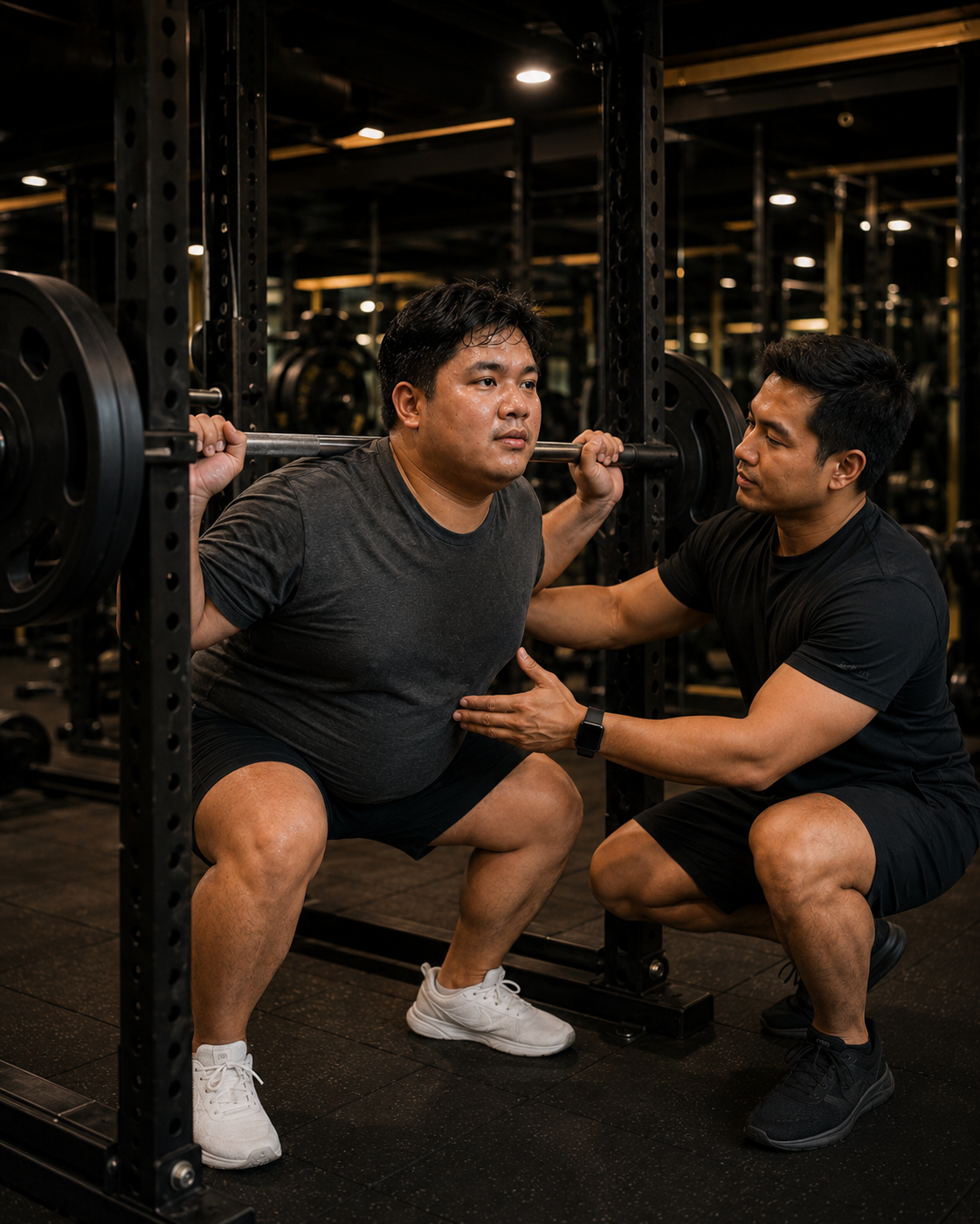 Coach guiding a member through strength training at Furukawa Fitness Gym