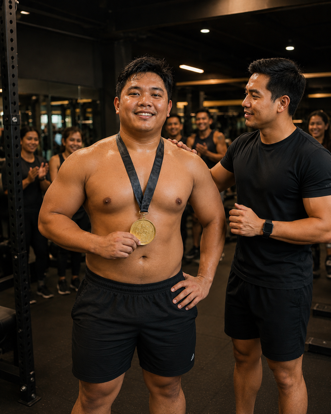 Champion finish portrait celebrating a transformation win at Furukawa Fitness Gym
